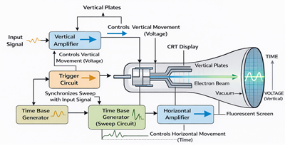 Block Diagram Showing the Internal Working of a Cathode Ray Oscilloscope (CRO)